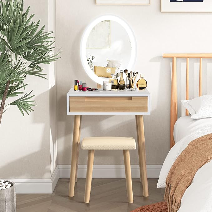 YOURLITE Makeup Vanity Table Set with 3 Modes Adjustable Lighted Mirror Cushioned Stool, Dressing Table for Small Space