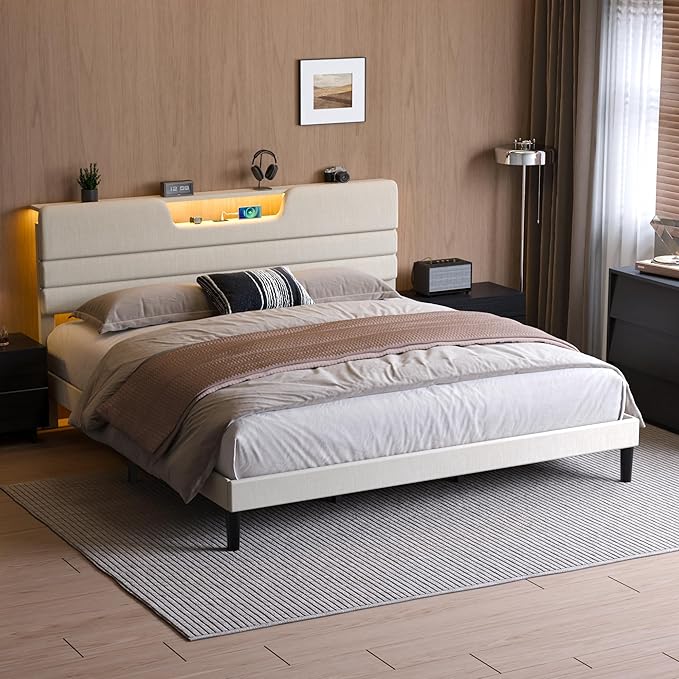 King Size Bed Frames with Upholstered Headboard, Modern Platform Bed with Charging Station and Led Lights, Bed Frame with Sturdy Wooden Slats/No Box Spring Needed/2-Tier Storage, Beige