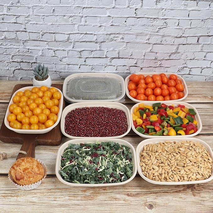 28 oz Disposable salad bowls with lids, Sugarcane Fiber paper Bowls take away Bagasse food containers meal prep food storage deli container 50 Pack