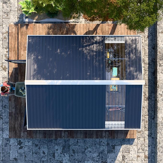 Restland 10x12 FT Outdoor Storage Shed Reinforced Frame Metal Shed with Clear Roof, Air Vent & Lockable Door Large Garden Tool Storage Sheds for Backyard, Garden, Lawn