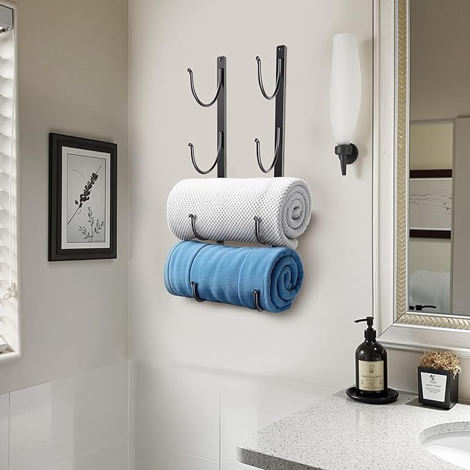 Bathroom Rolled Towel Rack: 4-Tier Wall Mounted Towel Storage Holder, Hanging Organizer for Towels, Blankets, Large Bath Sheets, Space Saving in RV, Closet, Toilet, Cabinet, Black Metal