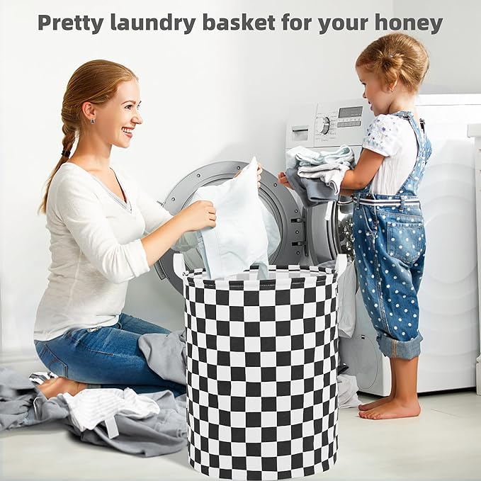 Large Foldable Laundry Basket Organizer Holder portable tall collapsible laundry hamper nusery Storage Basket Bin with Handles (Waterproof Lining, Black Racing Flag)