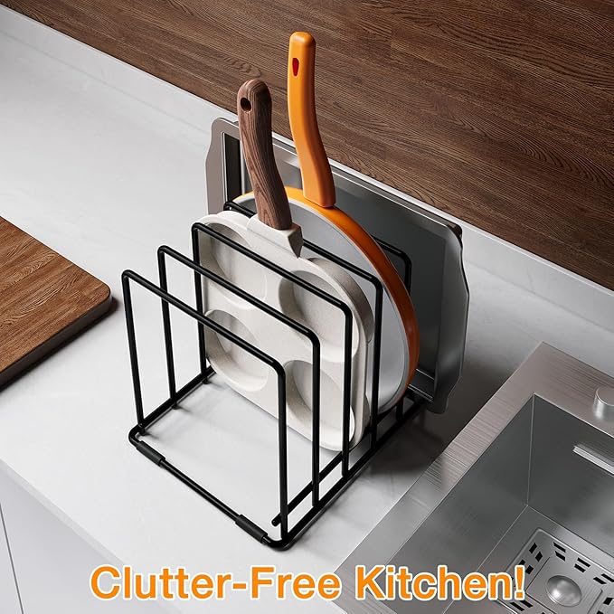 Kitchen Pan Organizer and Pot Rack, 5-Slot Steel Holder for Thin Pans, Baking Trays, and Cutting Boards - Space-Saving Storage