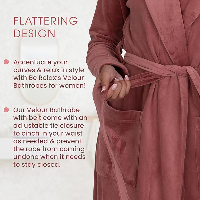 Be Relax Terry Velour Robe - Made of Polyester, Shawl Collar Robe with Belt & Side Pockets, Soft & Warm Bathrobe for Women
