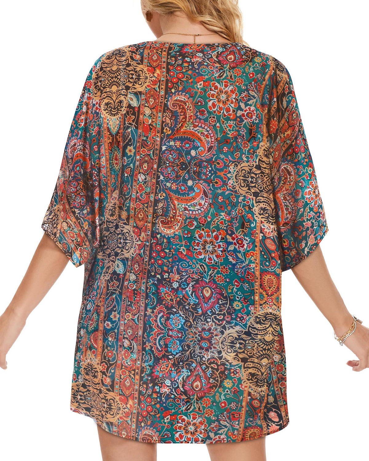 Women's Floral Kimono Print Puff Sleeve Loose Cardigan Cover Up Casual Blouse Tops (Bohemia Print, 3XL)