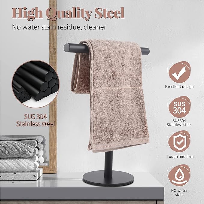 Bathroom Hand Towel Holder Stand,T-Shape Hand Towel Holder Stand SUS304 Stainless Steel Matte Black for Bathroom,Kitchen or Vanity Countertop(2 Pack)