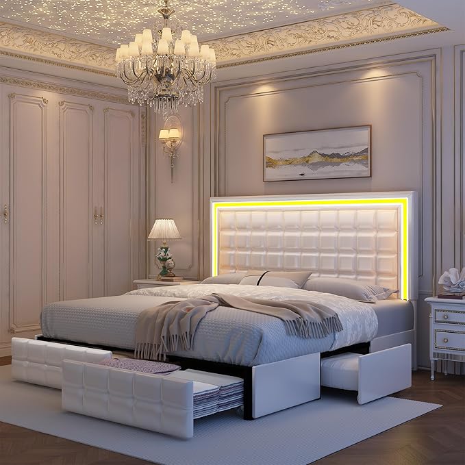Queen Bed Frame with LED Lights & Storage Drawers, No Box Spring Needed, Heavy Duty 900lbs Weight Capacity, Easy Assembly, Modern Upholstered Platform Bed, PU White