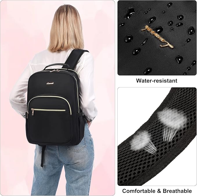 LOVEVOOK Laptop Backpack for Women 15.6 inch,Cute Womens Travel Backpack Purse,Professional Laptop Computer Bag,Waterproof Work Business College Teacher Bags Carry on Backpack with USB Port,Black-2