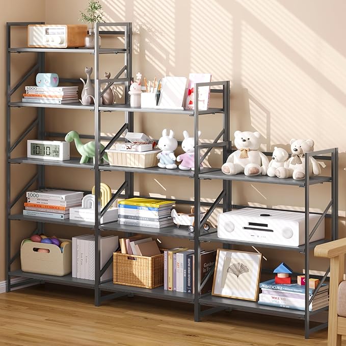 JSB No Assembly Folding Bookshelf, 4 Tier Industrial Metal Book Shelf for Storage, Vintage Wood Foldable Bookcase for Living Room, Bedroom, Office Organization Shelves