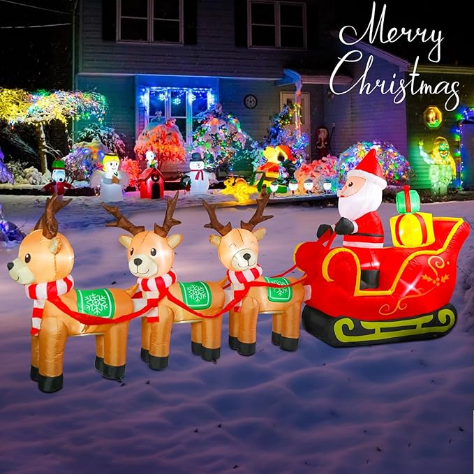 Bshine Christmas Inflatable Outdoor Decorations,12FT Long Santa Claus on Sleigh with Reindeer Deer Sign, Christmas Blower Up with LED Lighted for Holiday Outdoor/Indoor Home Garden Yard Lawn Decor