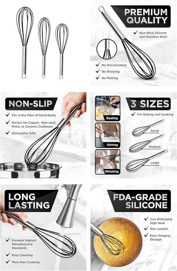 Silicone Whisk Set of 3 - Cooking Non-Scratch