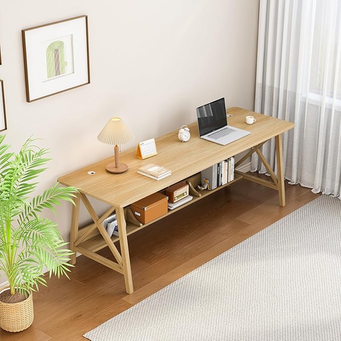 Extra Long Desk with Bookshelf - Wooden Home Office Work Study Table, 2-Person Writing Computer Workstation with Storage Shelf in Oak, 71" Wx24 Dx30 H