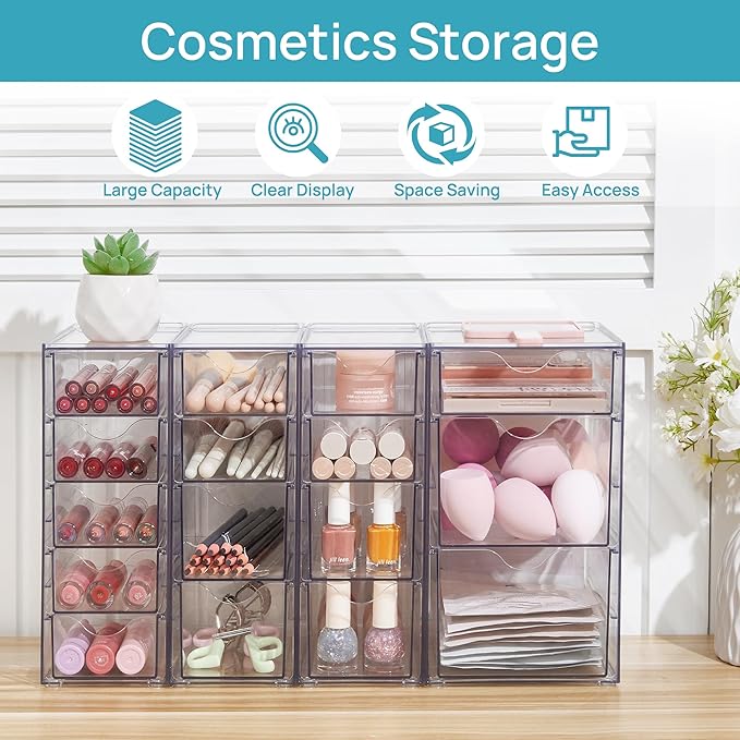 Vtopmart Acrylic Organizer with 16 Drawers (4 Set),Clear Storage Drawers for Office Supplies,Desk Organization and Storage for Makeup,Jewelry,Art Crafts