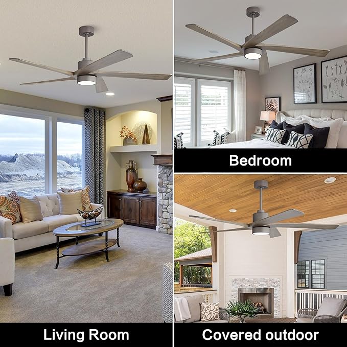 WINGBO 72 Inch DC Ceiling Fan with Lights and 3 Downrods, 5 Reversible Carved Wood Blades, 6-Speed Noiseless DC Motor, Large Ceiling Fan in Graphite Finish with Gray Blades, ETL Listed
