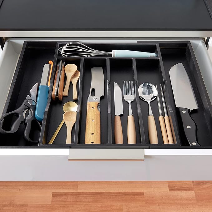 Expandable Bamboo Kitchen Drawer Organizer for Cutlery and Utensils, Adjustable Bamboo Wood Cutlery Tray in Drawer for Flatware and Silverware in Kitchen, (Black)
