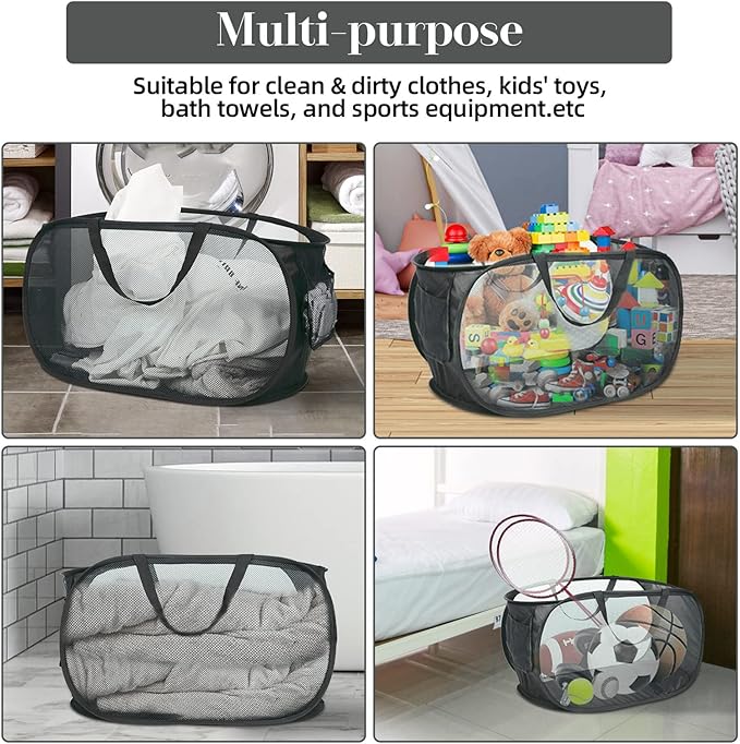 Durable Collapsible Laundry Baskets, Mesh Pop Up Laundry Hamper with Side Pocket, Foldable Clothes Hamper with Reinforced Carry Handles for Laundry, Bathroom, Kids Room, Dorm or Travel 2 Pack Black