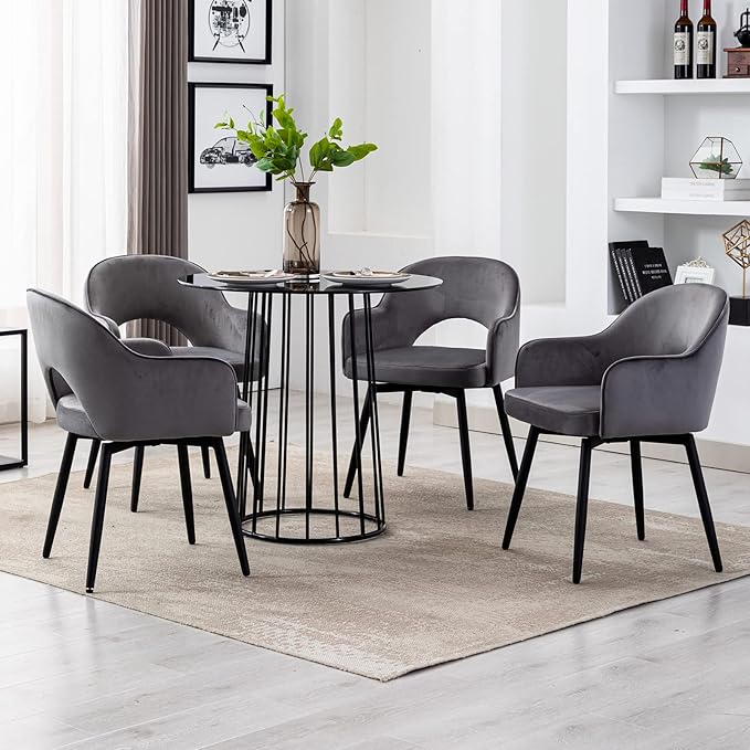 DUOMAY Swivel Dining Chair Set of 4, Modern Velvet Grey Upholstered Armless Side Chairs with 360-Degree Swivel for Dining Room, Living Room, Office