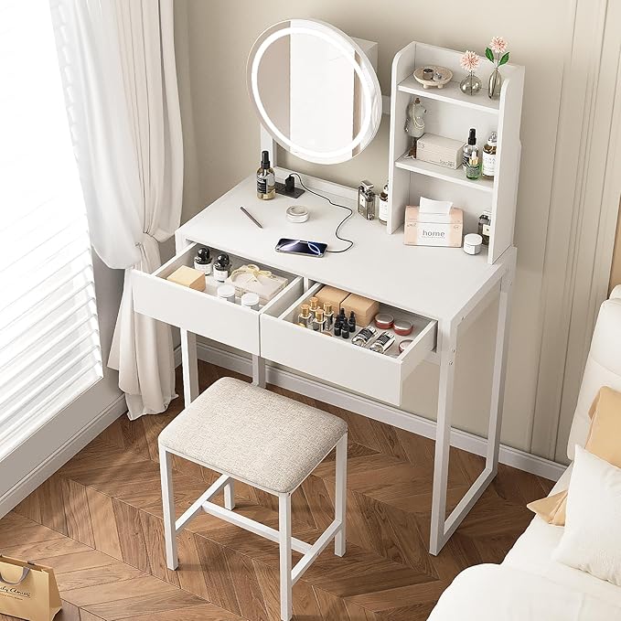 Small Vanity Desk with Mirror and Lights, Makeup Vanity Table with LED Mirror, 3 Lighting Modes, Power Outlet, Drawer, Open Shelves and Cushioned Stool for Bedroom (White)
