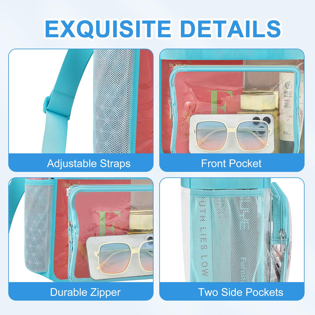 Busiuw Clear Bag for Stadium Events, Stadium Approved 12x12x6 Clear Tote Bag with Reinforced Straps for Sport Fan, Work Concert Travel(Aqua)
