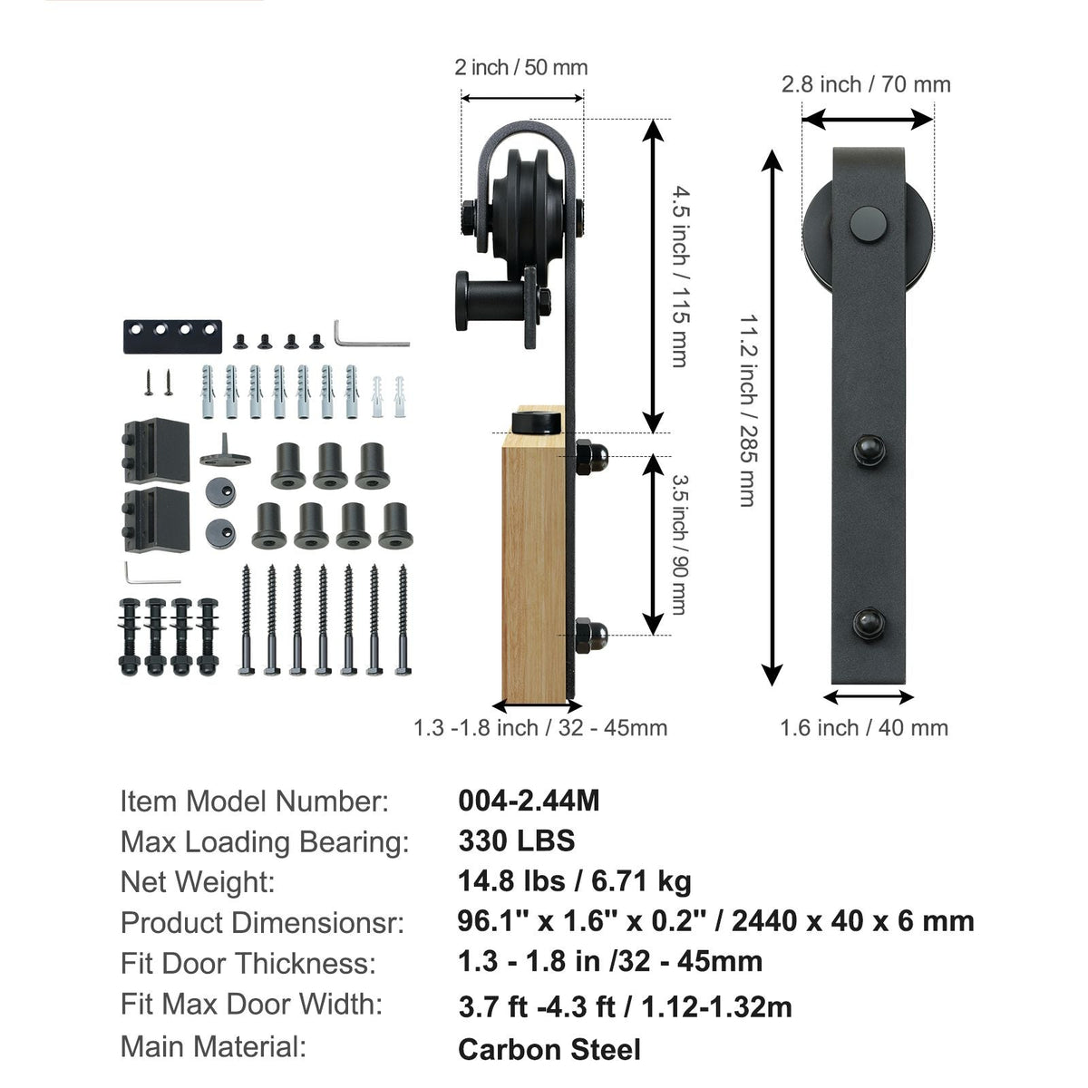 8FT Sliding Barn Door Hardware Kit, 330LBS Loading Heavy Duty Barn Door Track Kit for Single Door, Fit 3.7-4.3FT Wide and 1.3"-1.8" Thick Door Panel, with Smooth & Silent Pulley (J Shape)