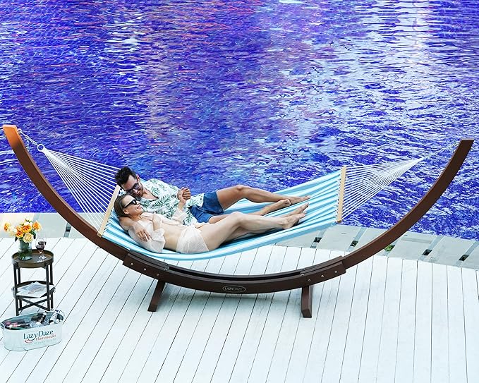 Lazy Daze Hammocks Quick Dry Hammock with Spreader Bar Textliene Fabric Double Outside Hammock with Chains Outdoor Patio Poolside Backyard Beach 450 lbs Capacity, Blue White Stripes