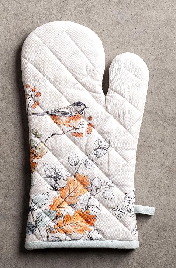 Maison d' Hermine Oven Gloves 100% Cotton Oven Mitt 7" x 13" with Loop Heat Resistant BBQ Cooking Gloves for Thanksgiving Christmas Decorations Handling Hot Pans (Pack of 1, Whitish Shabby Chique)