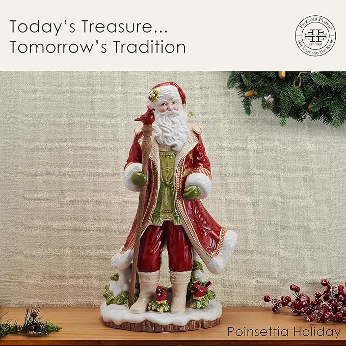 Fitz and Floyd Poinsettia Holiday Santa Clause with Staff Cardinal Bird Ceramic Figurine, Christmas Collectible Décor, 17.5 Inch