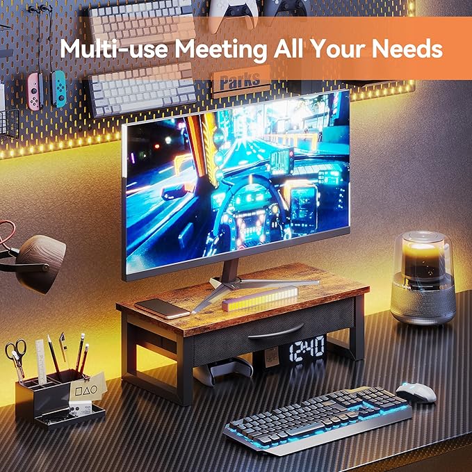Computer Monitor Stand Riser with Drawer, 2-Tier Desk Accessories & Workspace Organizers, Laptop Stand for Desk with Storage, Office Organization, Wood