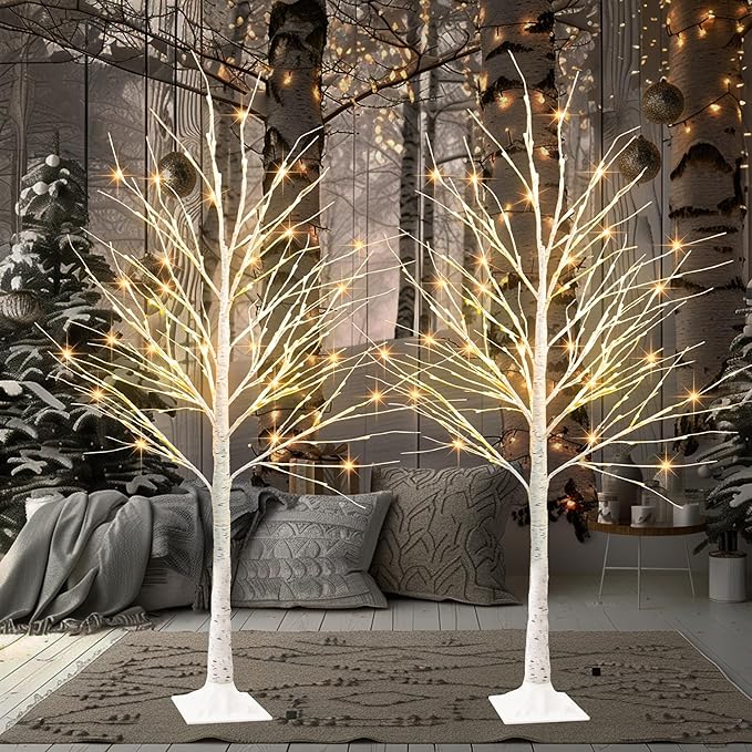 TW SHINE 2Pack Lighted Birch Tree, 6 FT Total 288LED Pre-lit Artificial Christmas Trees for Thanksgiving Christmas Decorations Indoor Home Bedroom Outdoor Festival Wedding Party, Warm White