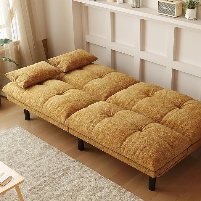 Futon Sofa Bed Convertible 70 inch Solid Wood Couch for Living Room, Chenille Fabric, 2 Cushions (Caramel Orange)