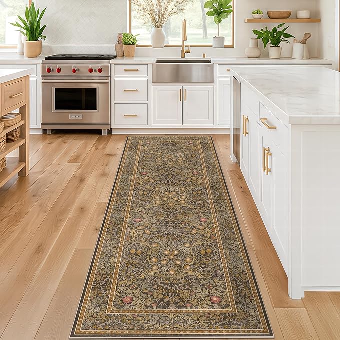 Non Slip 2x7 Gold Brown Hallway Runner - Long Runner Rugs for Bathroom, Washable Kitchen Floor Mat, Bedroom Bedside - Brown Earthy Vintage Floral Décor