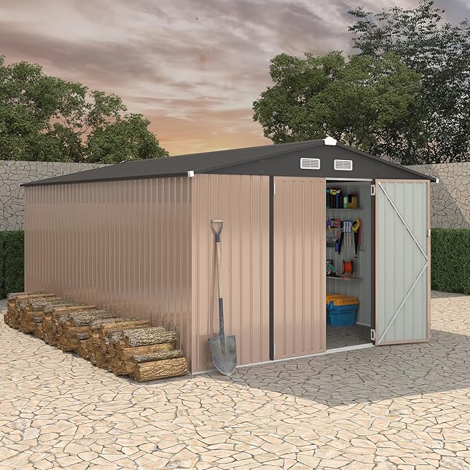 10x14 FT Metal Storage Sheds Outdoor, Metal ToolShed with Lockable Door, Metals Yard Sheds Metals Garden Shed Kit, MetalUtility Sheds Buildings with Air Vent for Backyard Garden Patio Lawn