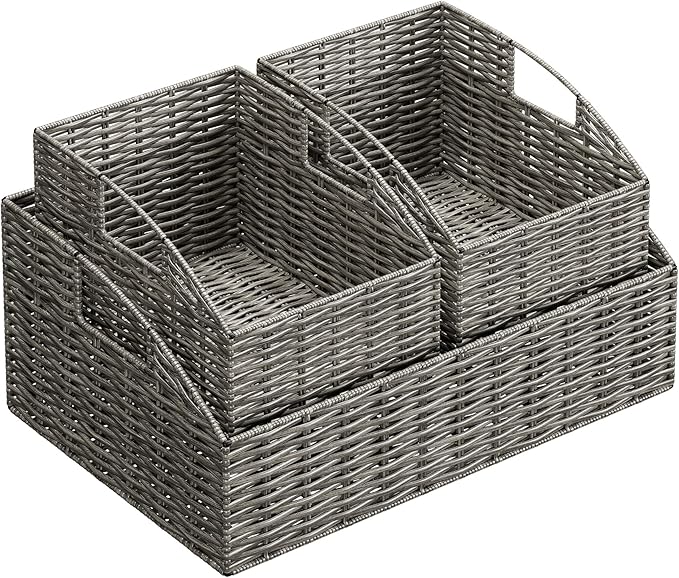 Ollieroo Rattan Storage Baskets, Handwoven Wicker Storage Bins with Built-in Handles, Storage Container Baskets for Shelves, Bedroom, Bathroom, Laundry Room or Kitchen(Grey)