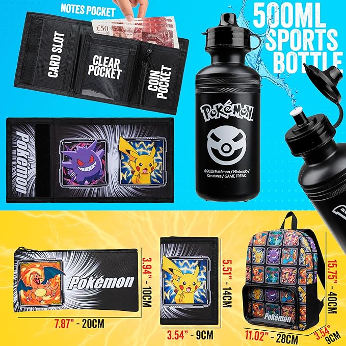Pokemon Backpack Set 4 Pcs for Kids with Backpack Water Bottle Pencil Case Lunch Bag or Wallet Anime School Supplies Gifts (Multi 4 Pcs Set)