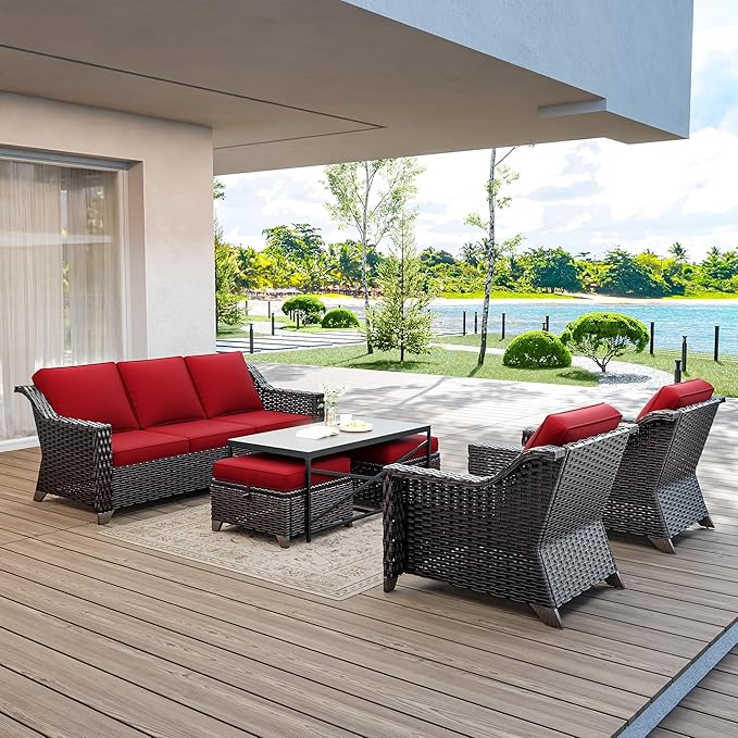 6 Pieces Wicker Patio Furniture, Luxury Outdoor Conversation Sets with 2 Patio Rattan Chair, 3-Seater Sofa, 2 Patio Ottoman and 1 Coffee Table, Wide Armrest, Thickened Cushions