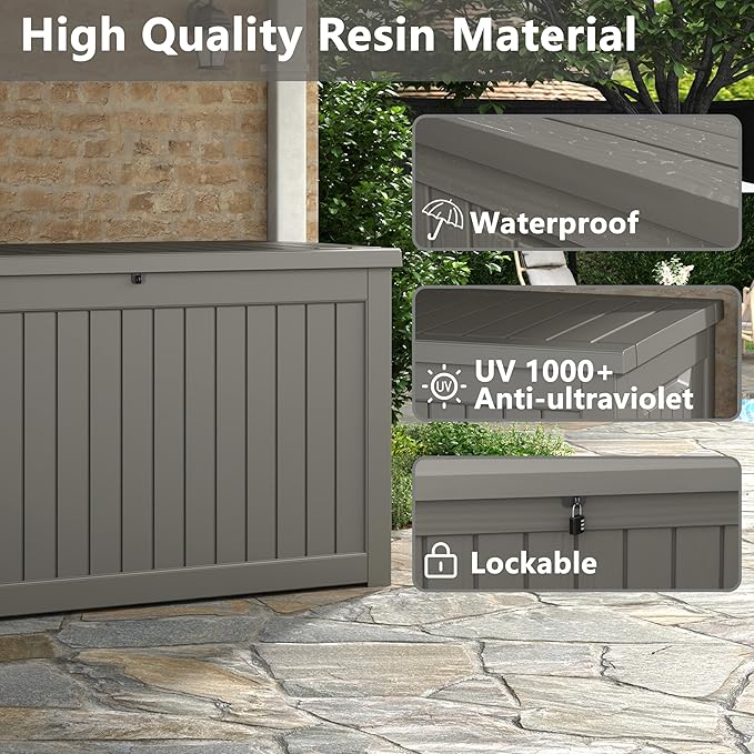 NUNU LAB 230 Gallon Large Resin Deck Box, Waterproof Outdoor Storage Box, Lockable Storage Bin for Patio Furniture, Garden Tools, Pool Accessories, UV-Resistant & All-Weather, Grey