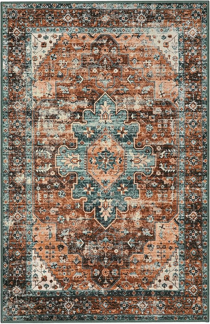 Moynesa Ultra-Thin Washable Vintage Area Rug - 5x7 Large Boho Non-Slip Rug for Bedroom Living Room Oriental Medallion Non-Shedding Print Floor Carpet for Dining Room Home, Brick Red/Dull Teal