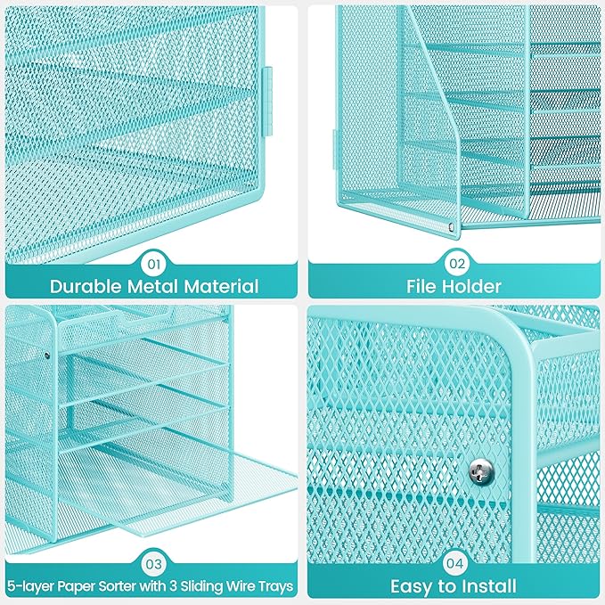 Lavatino 5-Tier Metal Mesh Desk Organizer with File Holder & 7 Customizable Compartments | Paper Letter Tray for Office or Home Desk Storage | Keep Workspace Supplies Neat & Organized, Blue