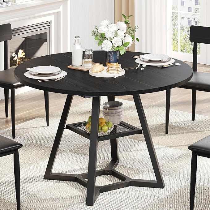Round Dining Table for 4, Kitchen Tables Dining Room Circle Dinner Table with Pedestal Metal Frame, Space Saving Wood Industrial Kitchen & Dining Room Tables, Black 47In