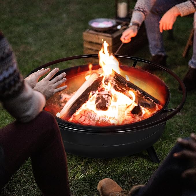 SUNCREAT 42" Outdoor Portable Fire Pit with Spark Screen, Fire Poker, Wood Burning Patio Fire Pits with Protective Ring, Black
