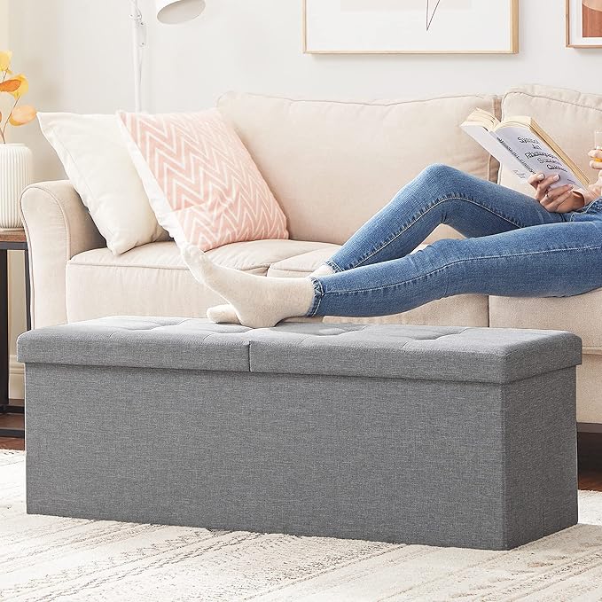 SONGMICS MAZIE Collection - 43 Inches Storage Ottoman, Foldable Storage Bench with Flipping Lid, 660 lb Load Capacity, for Entryway, Living Room, Bedroom, Light Gray ULSF71G