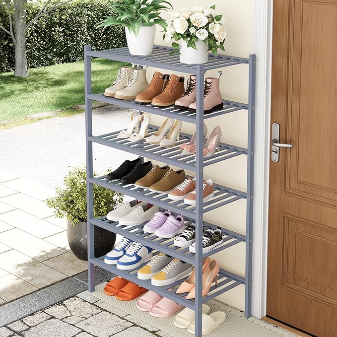 Smiry Shoe Rack, 6 Tier Thick Bamboo Shoe Organizer, Stackable Free Standing Wooden Shoe Storage Shelf for Closet, Entryway, Front Door Entrance, Grey
