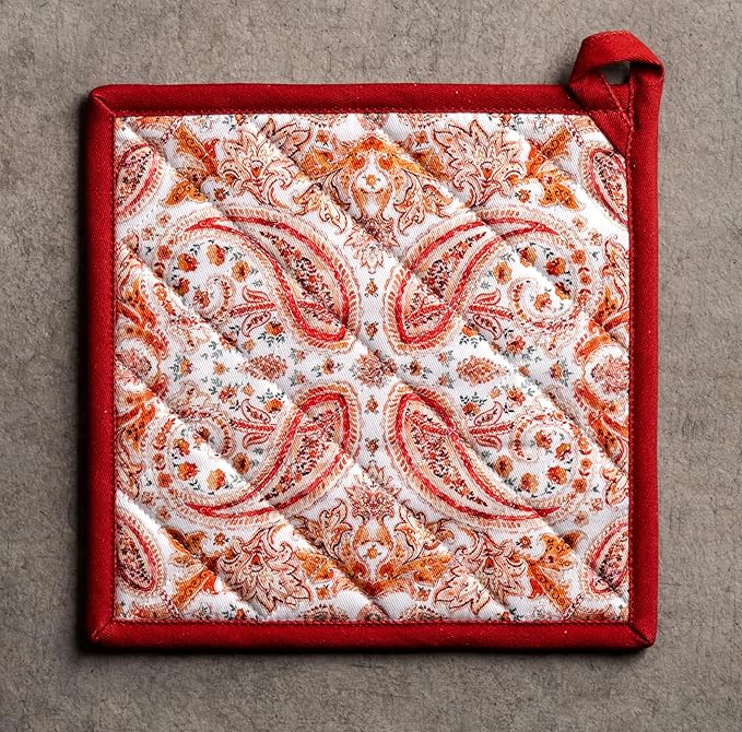 Maison d' Hermine Pot Holders 100% Cotton Heat Resistant Potholders 8" x 8" Hot Pads with Loop for Thanksgiving Christmas Decorations BBQ Cooking Baking Handling Hot Pans (Pack of 1, Orient)