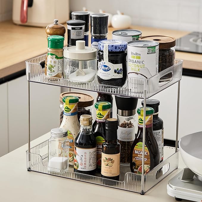 2-Tier Bathroom Counter Organizer, Multi-Purpose Cosmetics Skincare Shelf, Fits A4 Size Makeup Organizer for Office and Vanity Tray, Countertop Storage Solution for Kitchen,Bath.(Clear)