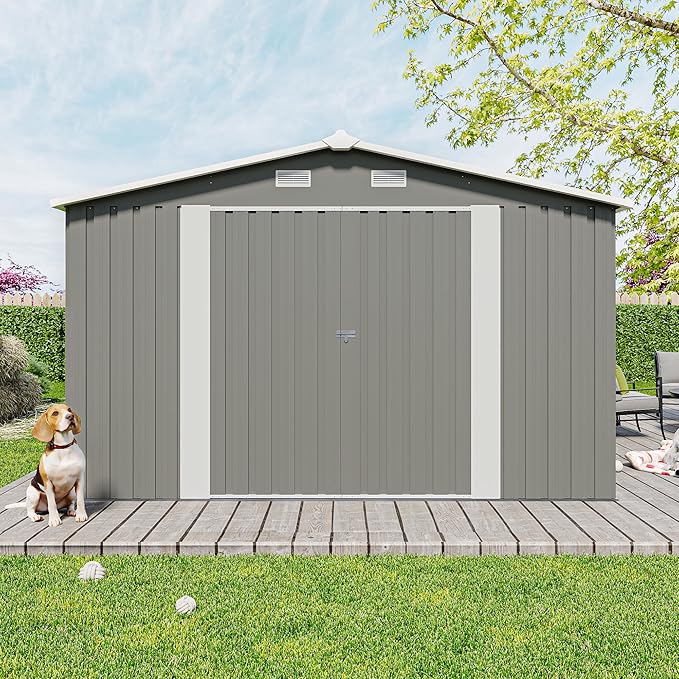 10x14 FT Outdoor Storage Shed, Large Metal Garden Shed with Side Door, Outside Tool Sheds with 3 Lockable Hinged Doors, Waterproof Storage Building with 4 Air Vents for Backyard, Patio, Light Gray