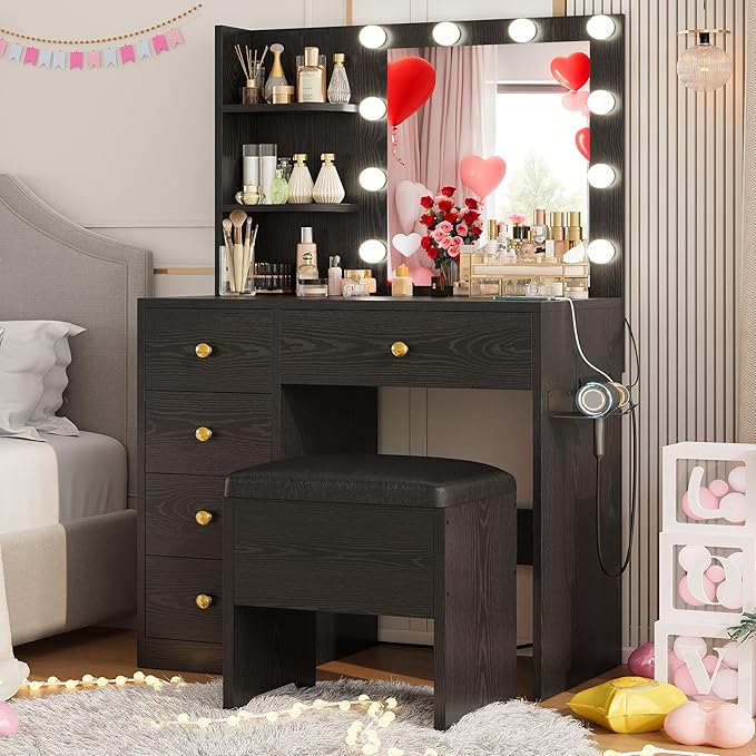 IRONCK Vanity Desk with Mirror and Lights, Small Makeup Vanity Table with 5 Drawers, Power Outlet, and Vanity Stool, 3 Lighting Colors, Dressing Table for Women Girls Bedroom, Black