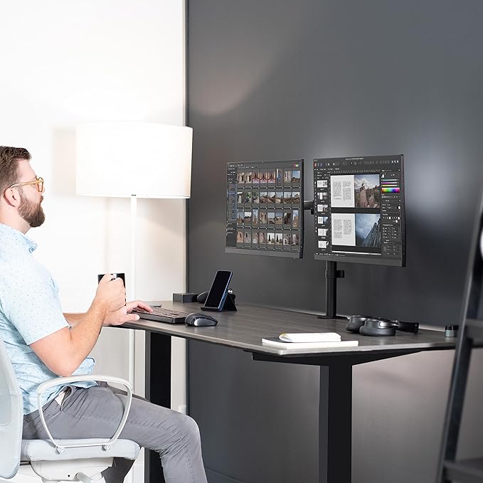 VIVO Dual Monitor Desk Mount, Holds 2 Computer Screens up to 30 inches and 22lbs Each, Heavy Duty Fully Adjustable Steel Stand with C-Clamp and Grommet, Black, STAND-V002