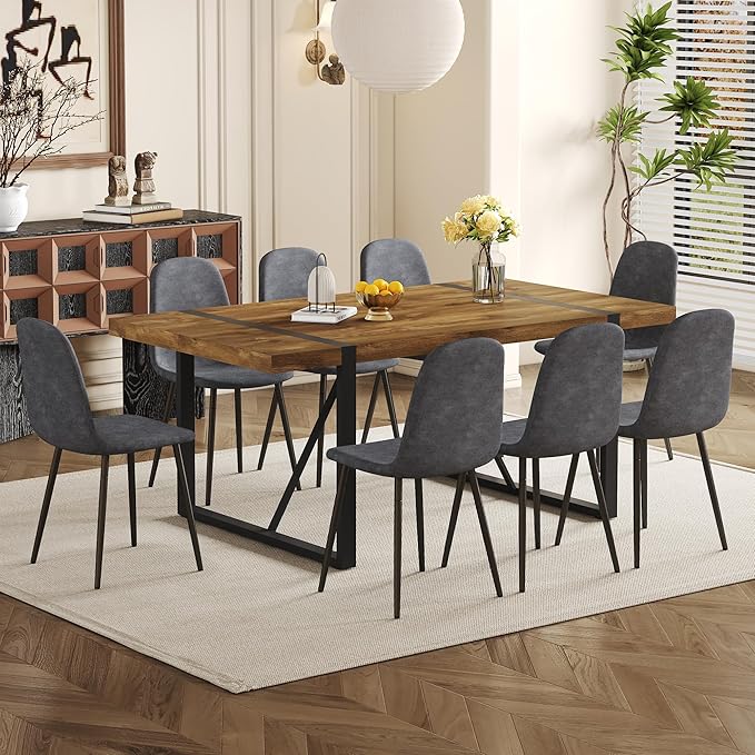 Dining Table Set for 8, 9 Piece Dining Table Set, 71'' Dark Wood Kitchen Table and Suede Nap Fabic Chairs Set of 8, for Kitchen Dining Room