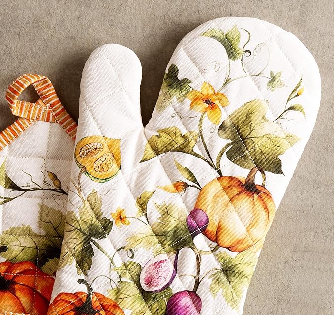 Maison d' Hermine 100% Cotton Oven Mitt & Pot Holder Set (7.5"x13" & 8"x8") Heat Resistant BBQ Cooking Gloves with Loop for Christmas Decorations Handling Hot Pans (Pumpkin Garden - Cloudy Cream)