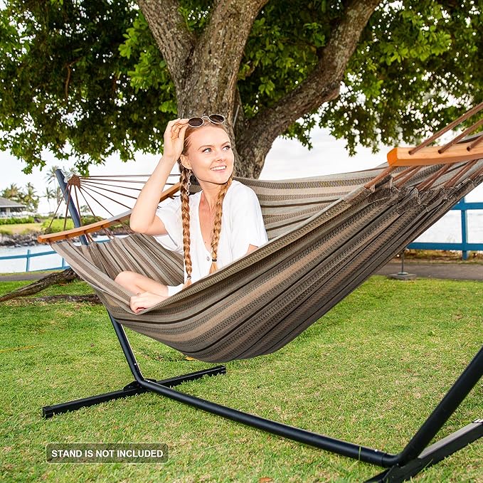SUNCREAT Hammocks Double Hammock with Curved Spreader Bar, Outdoor Camping Portable Hammock with Carrying Bag & Tree Straps for Patio, Backyard, Balcony, Max 450lbs Capacity, Brown